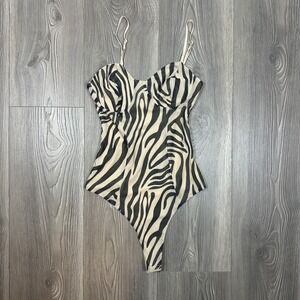 bar III Cream and White Zebra Print Bodysuit - SIZE XXS Mesh Overlay Bold Party